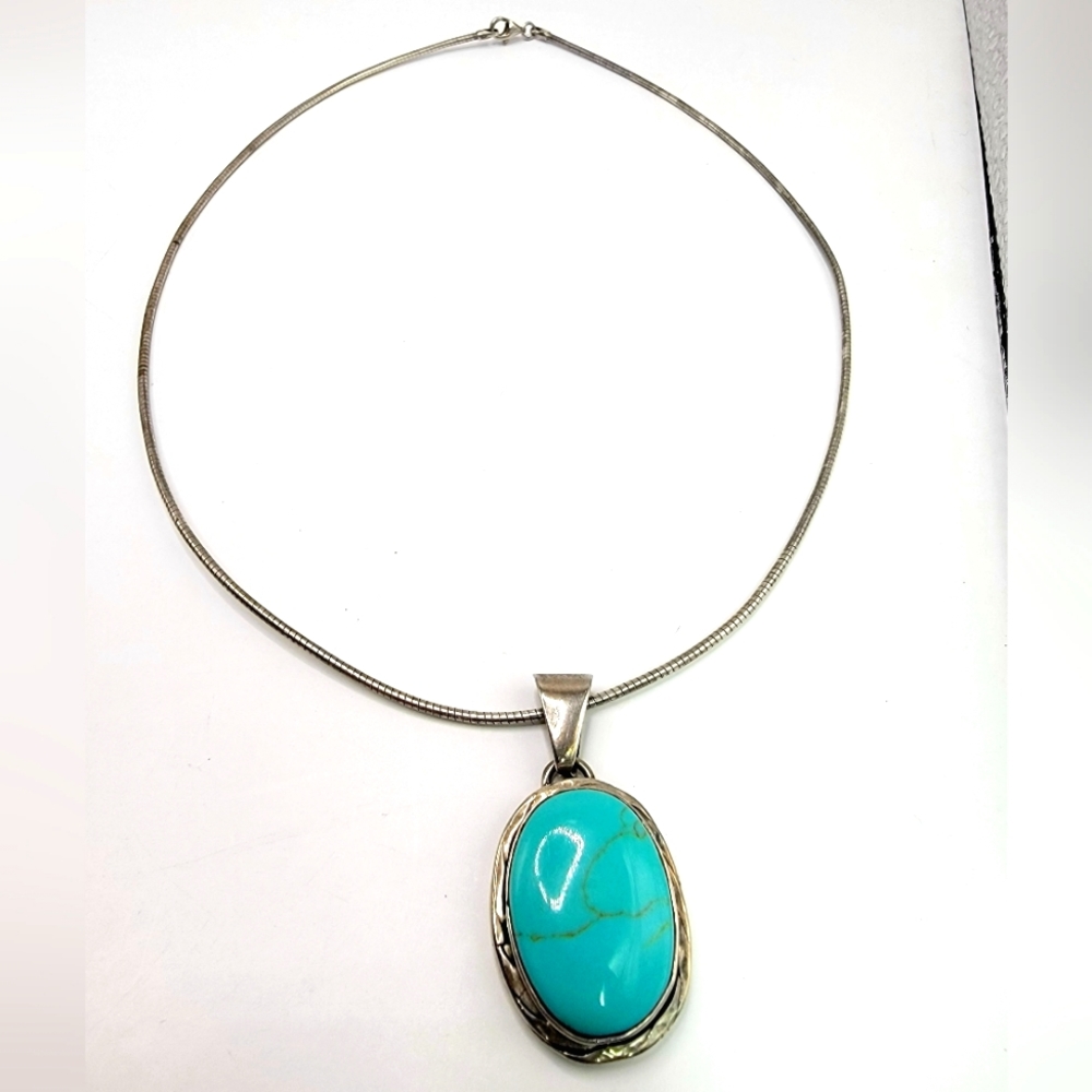 LARGE STERLING SILVER 925 MEXICO TURQUOISE PENDANT TORQUE NECKLACE (011NECK)